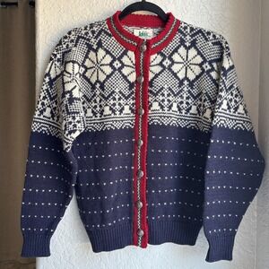REI Vintage Womens S Wool Sweater Nordic Fair Isle Retro Cardigan Navy Blue USA